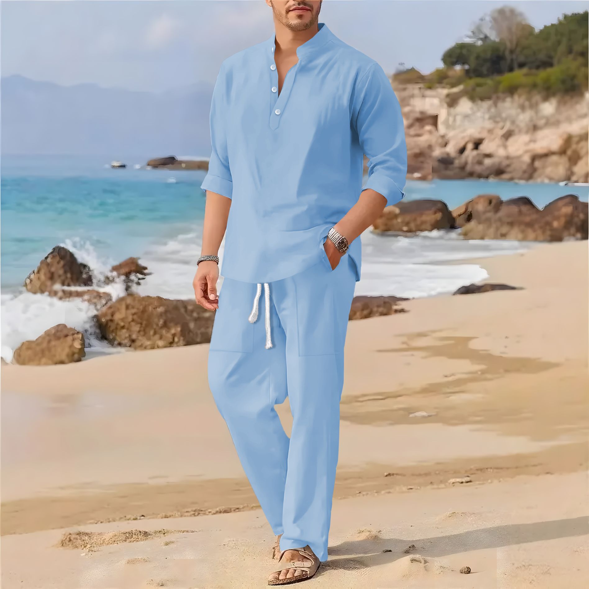 Men'S Formal Beach Wear - Terno casual masculino retrô de algodão