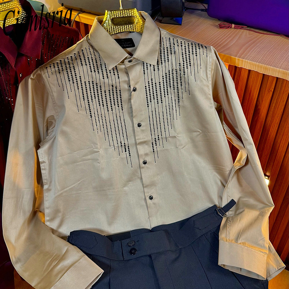 Men Formal Party Wear Shirt - Camisa masculina luxuosa com strass vertical,