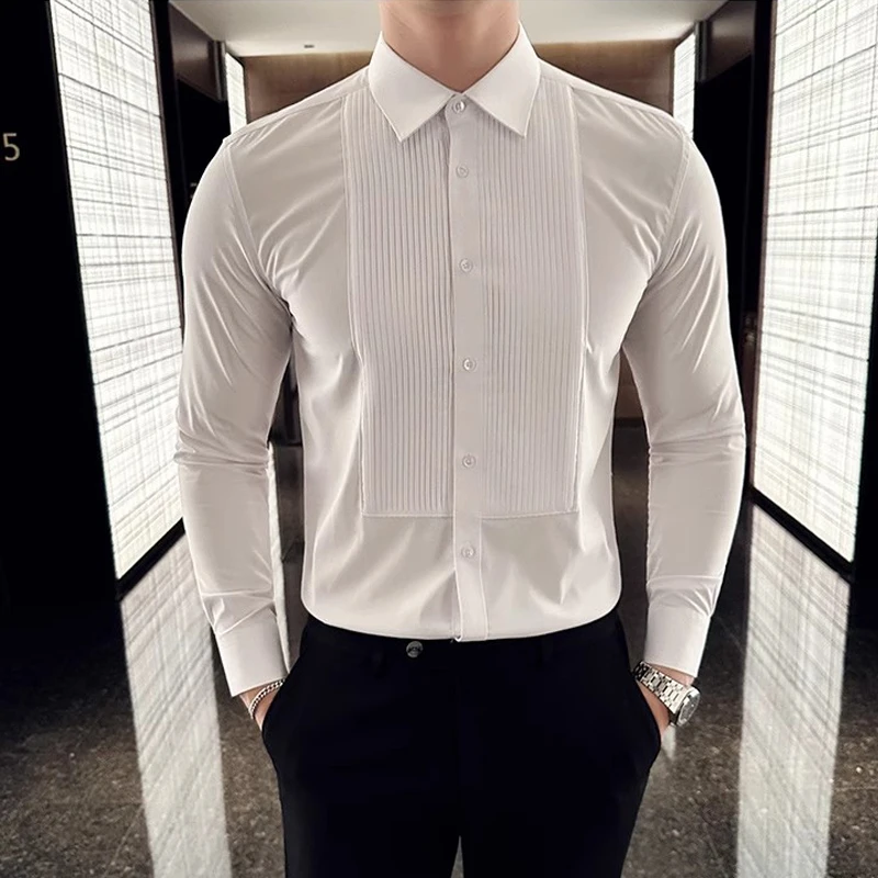 Camisas masculinas de manga co - Men Formal Party Wear Shirt avaliação e preço