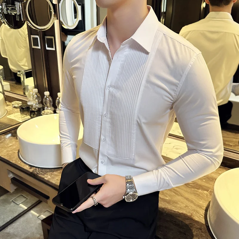 Camisas masculinas de manga co - Men Formal Party Wear Shirt avaliação e preço